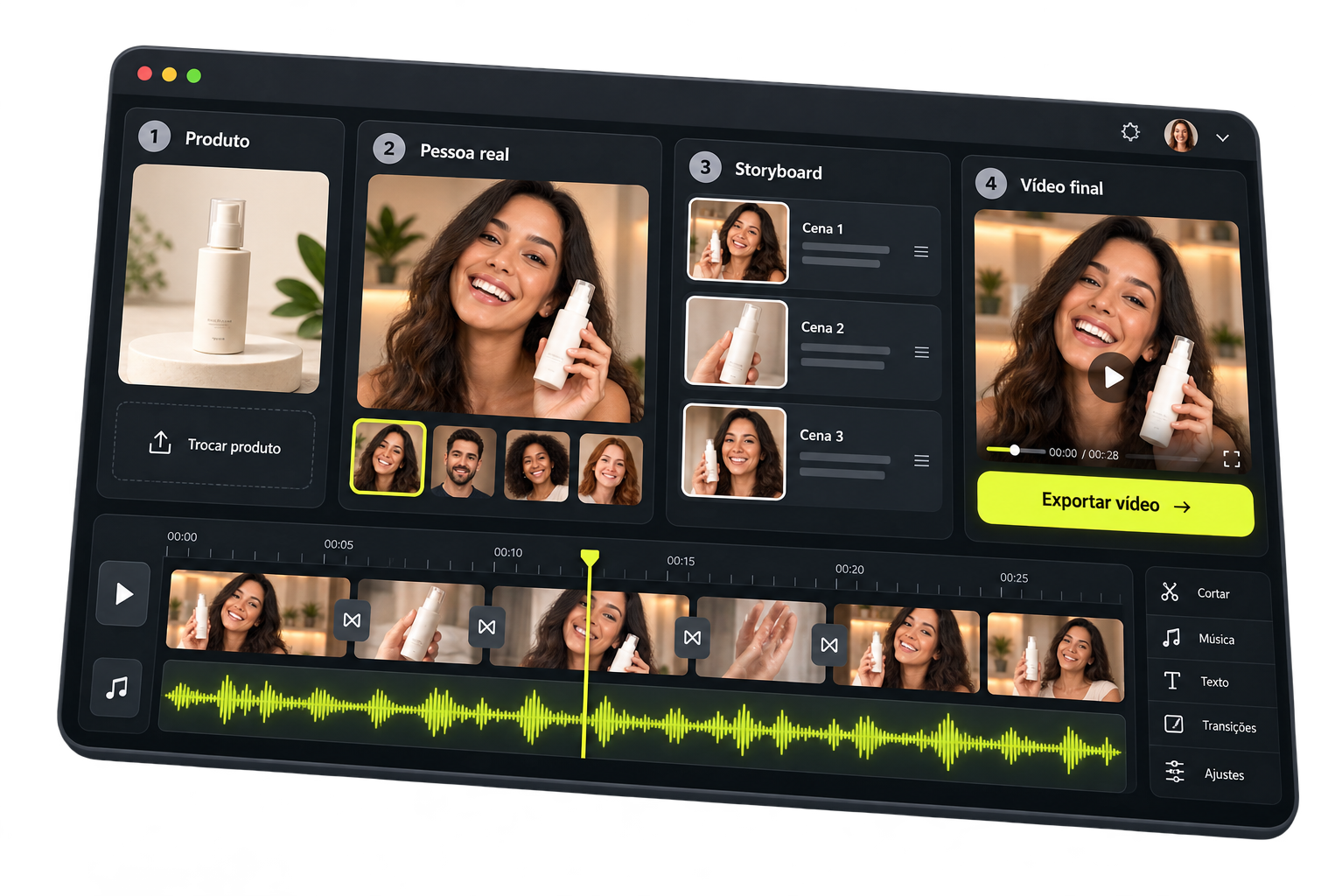 Interface do CriaViral com produto, pessoa real, storyboard, vídeo final e linha do tempo